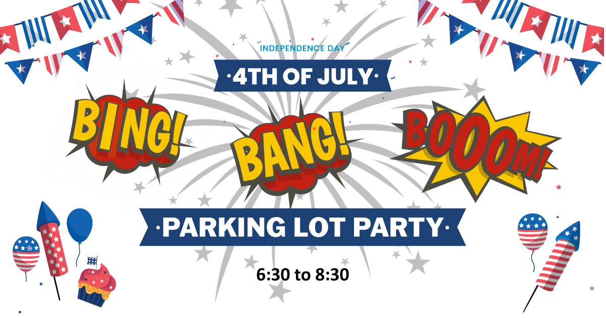 Independence Day Parking Lot Party banner with fireworks and balloons
